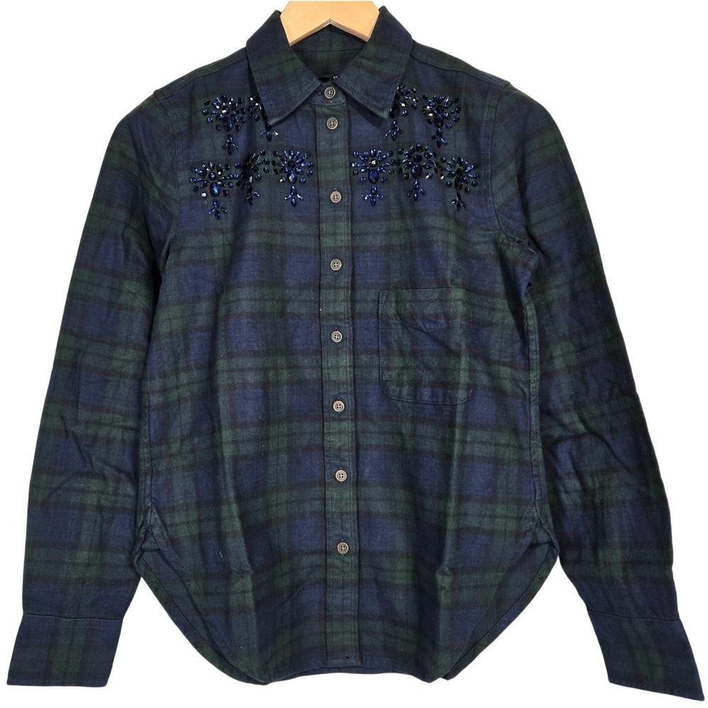 J. Crew Embellished‎ shrunken button-up shirt tartan brushed cotton oxford 0 NWT